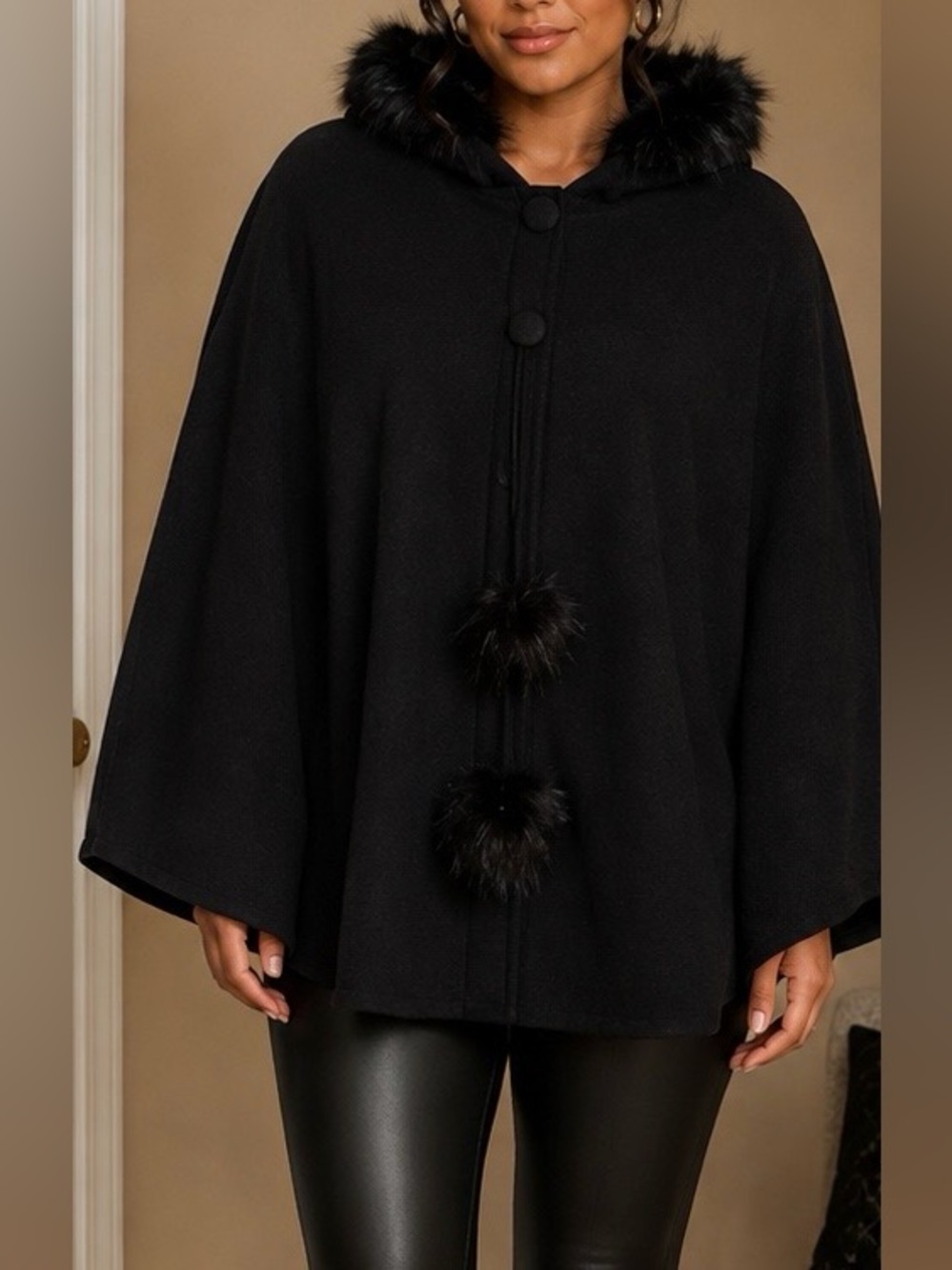 Black Faux-Fur Hooded Cape Poncho